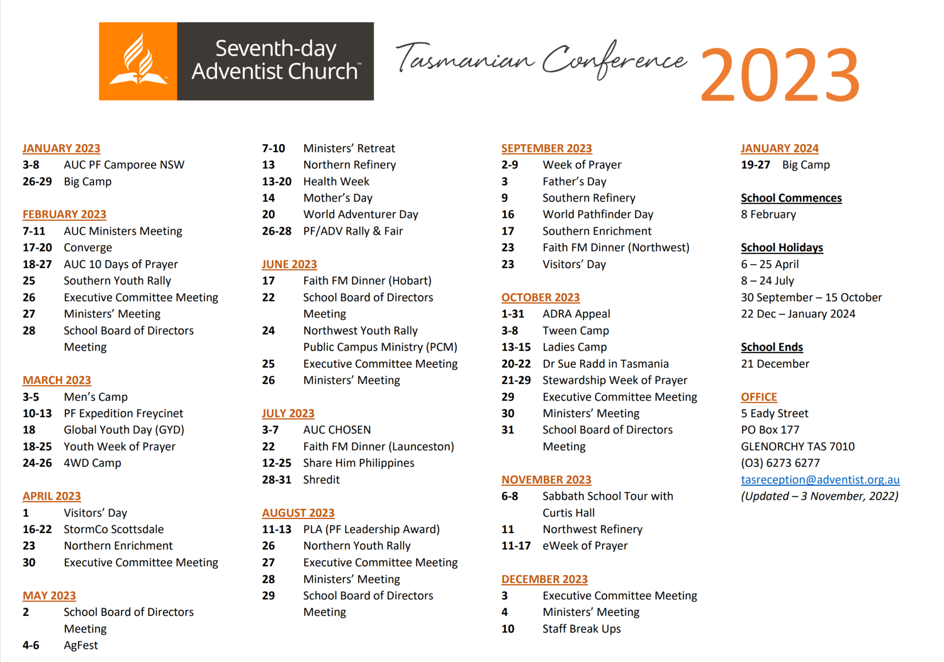 2023 Conference Calendar Tasmanian Conference of the Seventhday